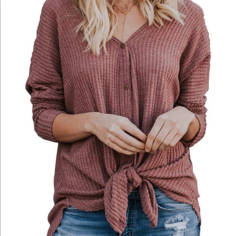 Waffle-knit, front-tie cozy long sleeved shirt